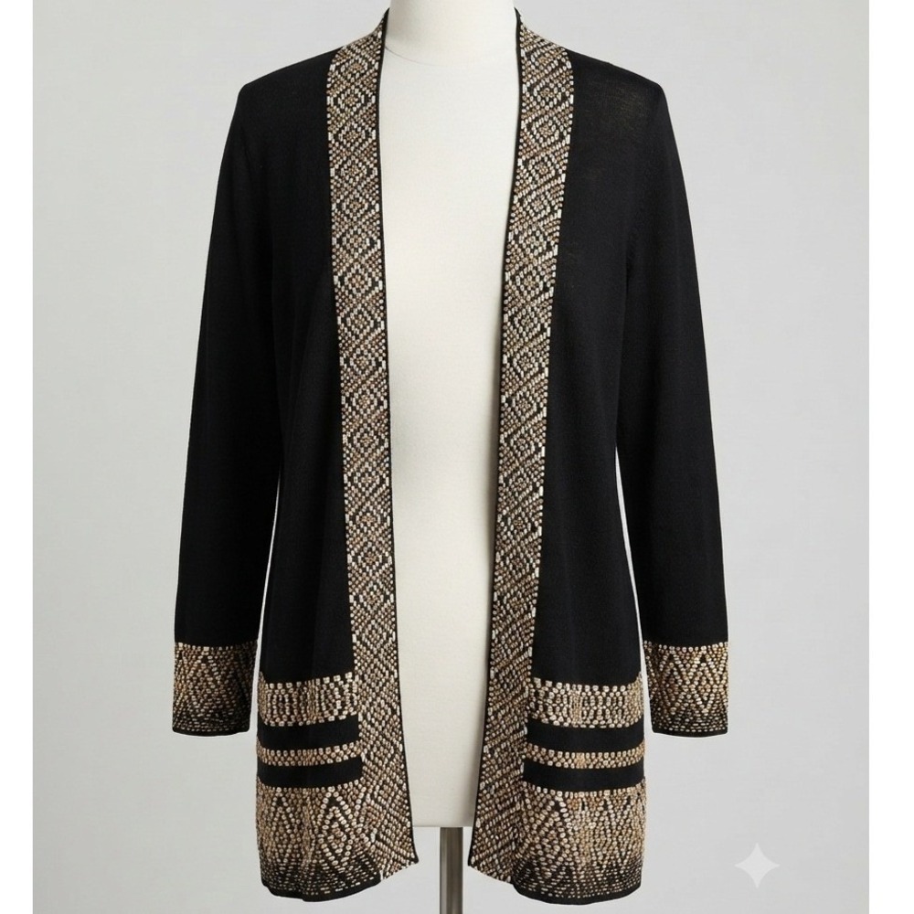 Ruby Rd Black Gold Metallic Geometric Trim Open Front Cardigan Sweater Large